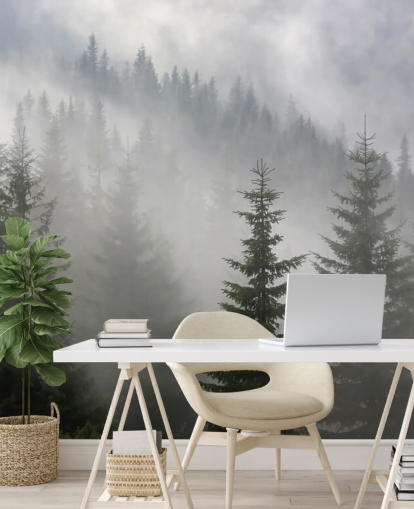 mörkgrön anpassad skogstapetväggmålning kallad Pine Forest in Mist för kök och matsalar