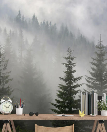 mural de papel de parede florestal personalizado verde escuro chamado Pine Forest in Mist para cozinhas e salas de jantar mural de papel de parede florestal personalizado verde escuro chamado Pine Forest in Mist para cozinhas e salas de jantar