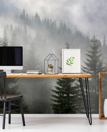 mørkegrønt tilpasset skogstapetveggmaleri kalt Pine Forest in Mist for kjøkken og spiserom