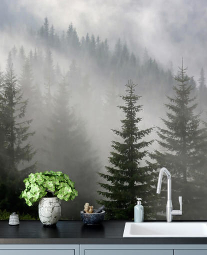 mural de papel pintado de bosque personalizado verde oscuro llamado Pine Forest in Mist para cocinas y comedores