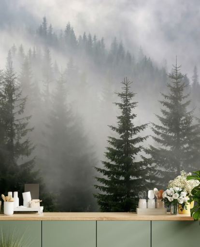 dark green custom forest wallpaper mural called Pine Forest in Mist for kitchens and dining rooms dark green custom forest wallpaper mural called Pine Forest in Mist for kitchens and dining rooms