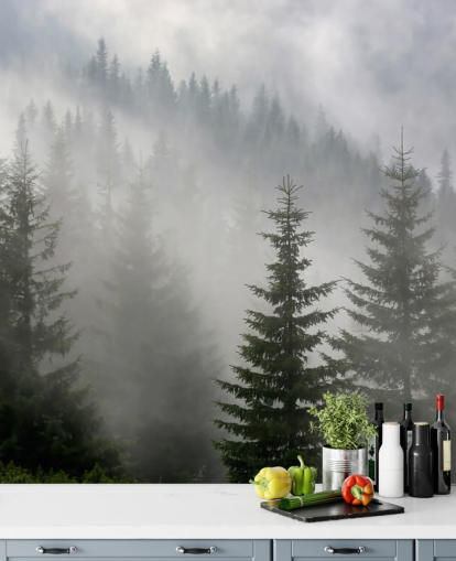 dunkelgrünes individuelles Waldtapeten-Wandbild namens Pine Forest in Mist für Küchen und Esszimmer dunkelgrünes individuelles Waldtapeten-Wandbild namens Pine Forest in Mist für Küchen und Esszimmer