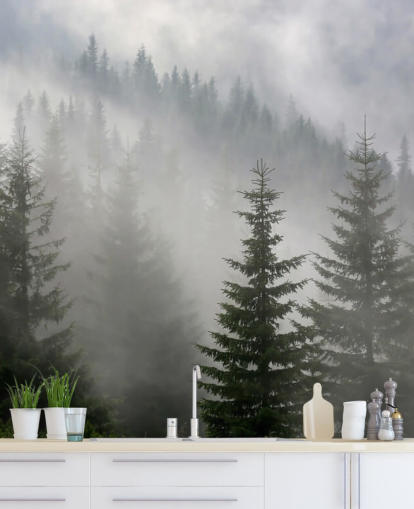mørkegrønt tilpasset skogstapetveggmaleri kalt Pine Forest in Mist for kjøkken og spiserom mørkegrønt tilpasset skogstapetveggmaleri kalt Pine Forest in Mist for kjøkken og spiserom