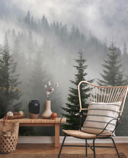 mørkegrønt tilpasset skogstapetveggmaleri kalt Pine Forest in Mist for kjøkken og spiserom