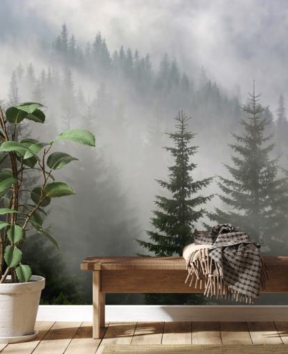 dunkelgrünes individuelles Waldtapeten-Wandbild namens Pine Forest in Mist für Küchen und Esszimmer
