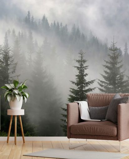 dunkelgrünes individuelles Waldtapeten-Wandbild namens Pine Forest in Mist für Küchen und Esszimmer