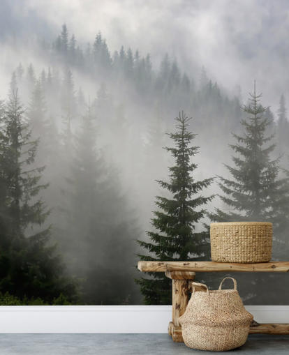 mural de papel pintado de bosque personalizado verde oscuro llamado Pine Forest in Mist para cocinas y comedores mural de papel pintado de bosque personalizado verde oscuro llamado Pine Forest in Mist para cocinas y comedores