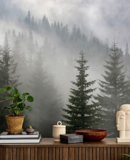 dark green custom forest wallpaper mural called Pine Forest in Mist for kitchens and dining rooms