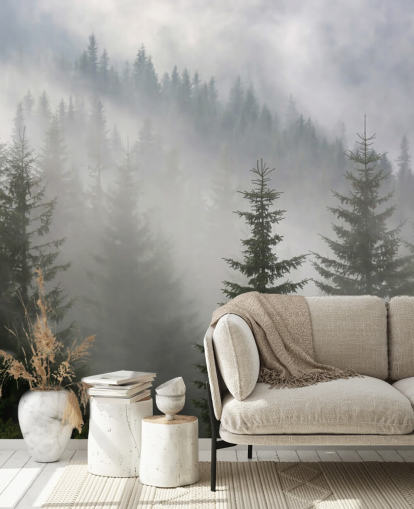 dark green custom forest wallpaper mural called Pine Forest in Mist for kitchens and dining rooms