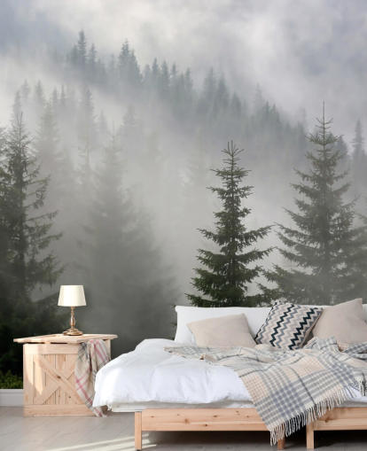 mural de papel pintado de bosque personalizado verde oscuro llamado Pine Forest in Mist para cocinas y comedores