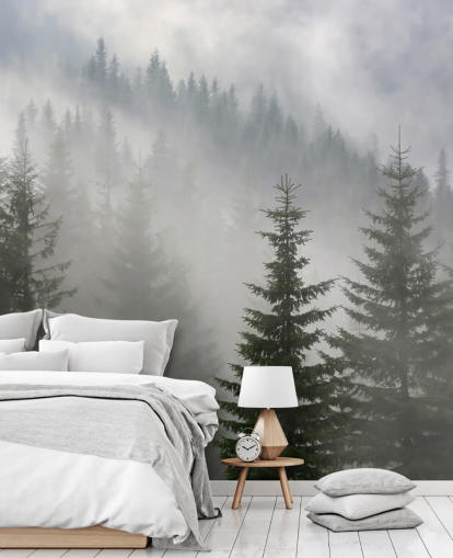 donkergroene bosbehangmuurschildering op maat genaamd Pine Forest in Mist voor keukens en eetkamers