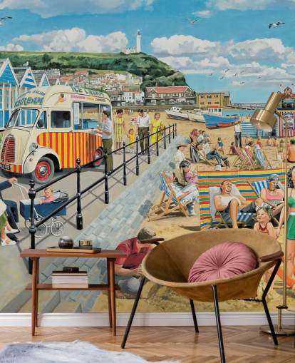 old fashioned seaside scene wallpaper