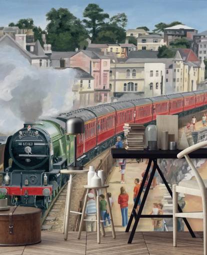 papier peint train à vapeur au bord du rivage