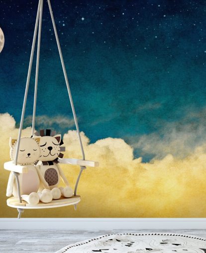 Décoration murale Lune et étoiles avec ciel nuageux ocre