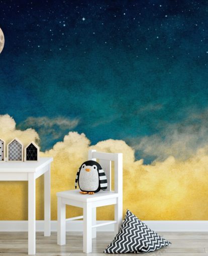 Moon and Stars with Ochre Cloudy Skies Wall Mural