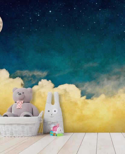 Decorazione murale con luna e stelle con cieli nuvolosi ocra Decorazione murale con luna e stelle con cieli nuvolosi ocra