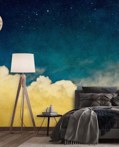 Moon and Stars with Ochre Cloudy Skies Wall Mural