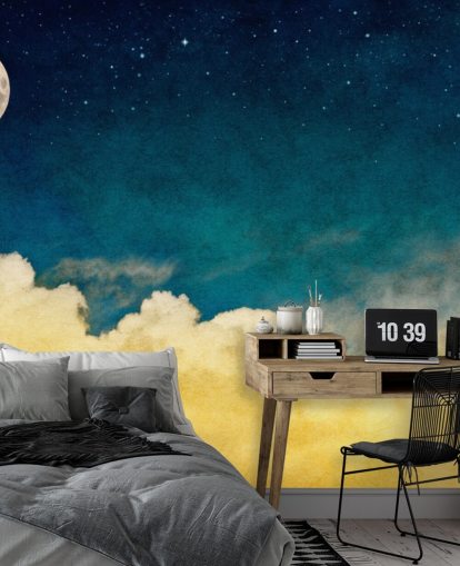 Decorazione murale con luna e stelle con cieli nuvolosi ocra