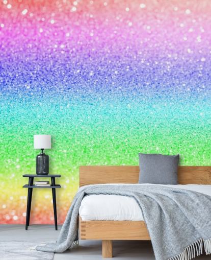 aanpasbare glitterbehangmuurschildering met regenboog genaamd Rainbow and Pastel Glitter voor kinderkamers en speelkamers