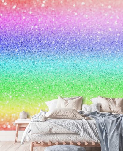 mural de papel pintado con purpurina personalizable de arcoíris llamado Rainbow and Pastel Glitter para dormitorios y salas de juegos de niños