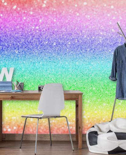 aanpasbare glitterbehangmuurschildering met regenboog genaamd Rainbow and Pastel Glitter voor kinderkamers en speelkamers
