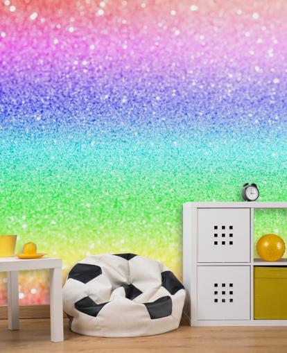 mural de papel pintado con purpurina personalizable de arcoíris llamado Rainbow and Pastel Glitter para dormitorios y salas de juegos de niños