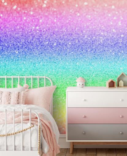 regnbåge anpassningsbar glitter tapetväggmålning kallad Rainbow and Pastel Glitter för barns sovrum och lekrum