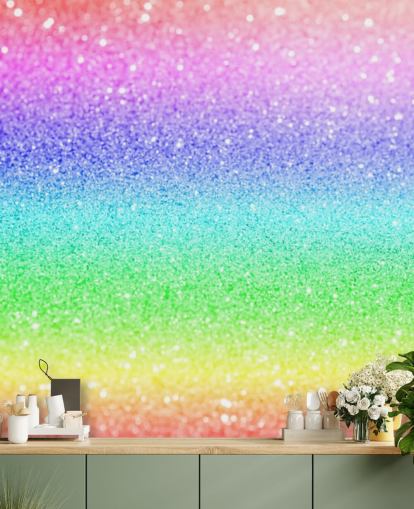 mural de papel pintado con purpurina personalizable de arcoíris llamado Rainbow and Pastel Glitter para dormitorios y salas de juegos de niños