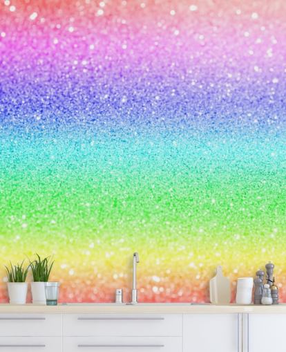 mural de papel pintado con purpurina personalizable de arcoíris llamado Rainbow and Pastel Glitter para dormitorios y salas de juegos de niños