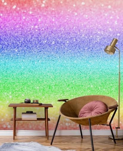 regnbue tilpassbart glitter tapetmaleri kalt Rainbow and Pastel Glitter for barnas soverom og lekerom
