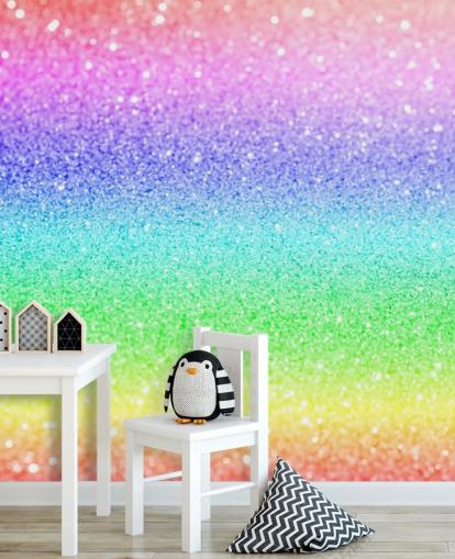 carta da parati murale con glitter personalizzabile arcobaleno chiamata Rainbow and Pastel Glitter per camerette e sale giochi per bambini