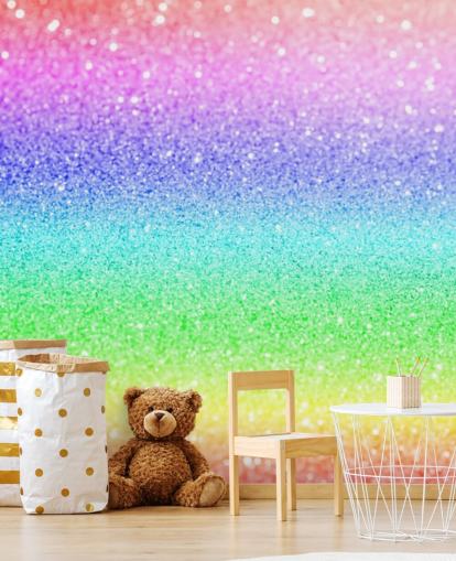 aanpasbare glitterbehangmuurschildering met regenboog genaamd Rainbow and Pastel Glitter voor kinderkamers en speelkamers