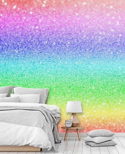 mural de papel pintado con purpurina personalizable de arcoíris llamado Rainbow and Pastel Glitter para dormitorios y salas de juegos de niños