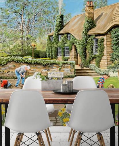 papier peint extérieur chalet et jardiniers