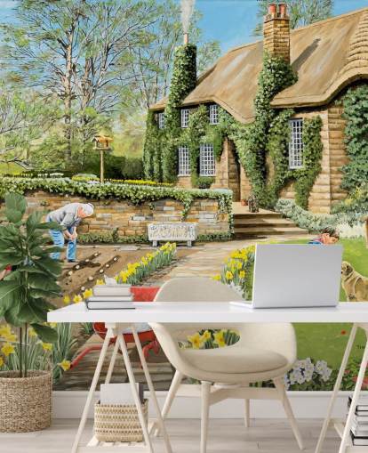 cottage and gardeners outside wallpaper