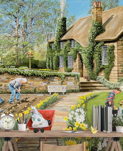 papel tapiz exterior de cabaña y jardineros