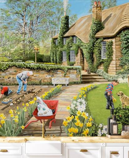 papier peint extérieur chalet et jardiniers