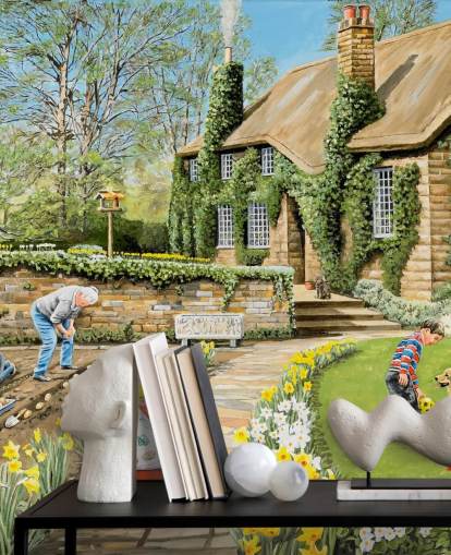 cottage and gardeners outside wallpaper