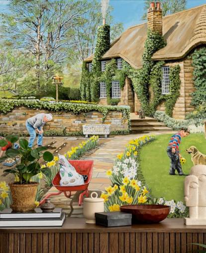 cottage and gardeners outside wallpaper