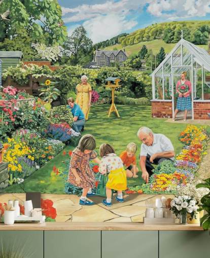 giardino dei nonni e nipoti che aiutano la carta da parati