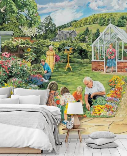 el jardín del abuelo y los nietos ayudando a empapelar el jardín del abuelo y los nietos ayudando a empapelar