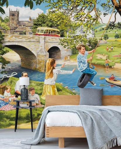 colorful bygone era wallpaper mural called Picnic on the Riverbank by Trevor Mitchell for care homes colorful bygone era wallpaper mural called Picnic on the Riverbank by Trevor Mitchell for care homes