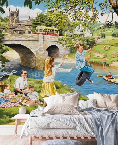 colorful bygone era wallpaper mural called Picnic on the Riverbank by Trevor Mitchell for care homes