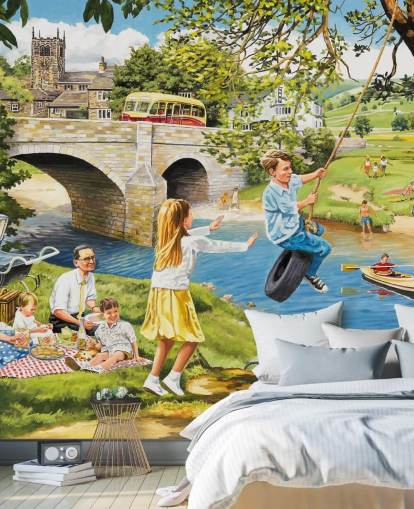 colorful bygone era wallpaper mural called Picnic on the Riverbank by Trevor Mitchell for care homes