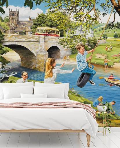 carta da parati murale colorata di epoca passata chiamata Picnic on the Riverbank di Trevor Mitchell per case di cura