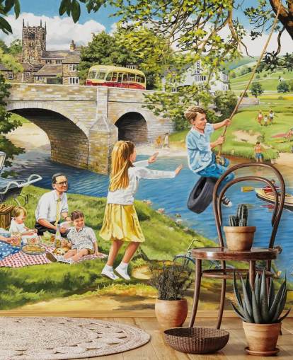 colorido mural de papel pintado de la época pasada llamado Picnic on the Riverbank de Trevor Mitchell para residencias de ancianos colorido mural de papel pintado de la época pasada llamado Picnic on the Riverbank de Trevor Mitchell para residencias de ancianos