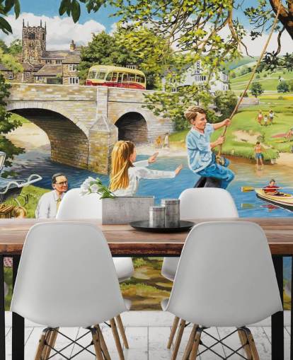 farbenfrohes Tapeten-Wandbild aus vergangenen Zeiten mit dem Titel Picnic on the Riverbank von Trevor Mitchell für Pflegeheime