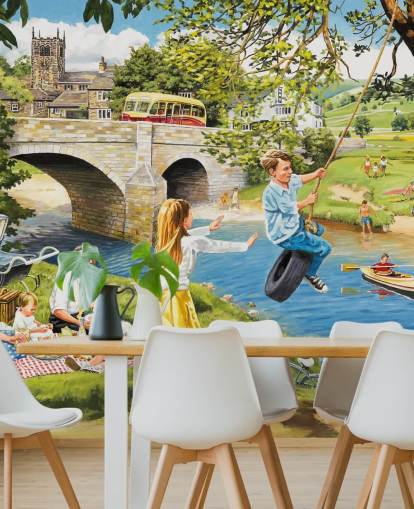 colorido mural de papel pintado de la época pasada llamado Picnic on the Riverbank de Trevor Mitchell para residencias de ancianos colorido mural de papel pintado de la época pasada llamado Picnic on the Riverbank de Trevor Mitchell para residencias de ancianos