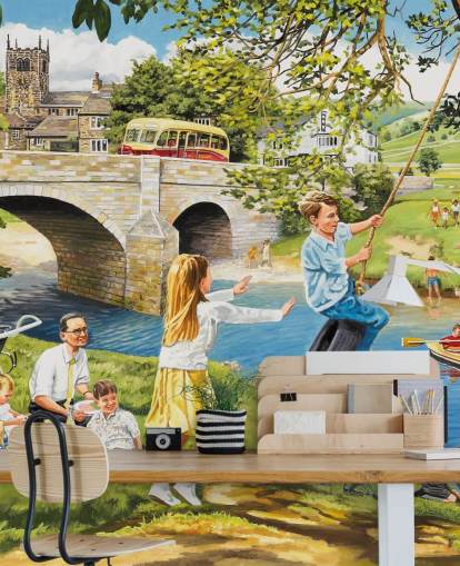 colorful bygone era wallpaper mural called Picnic on the Riverbank by Trevor Mitchell for care homes colorful bygone era wallpaper mural called Picnic on the Riverbank by Trevor Mitchell for care homes