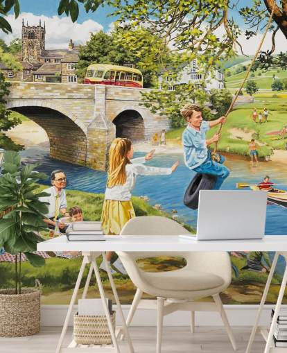 colorful bygone era wallpaper mural called Picnic on the Riverbank by Trevor Mitchell for care homes colorful bygone era wallpaper mural called Picnic on the Riverbank by Trevor Mitchell for care homes